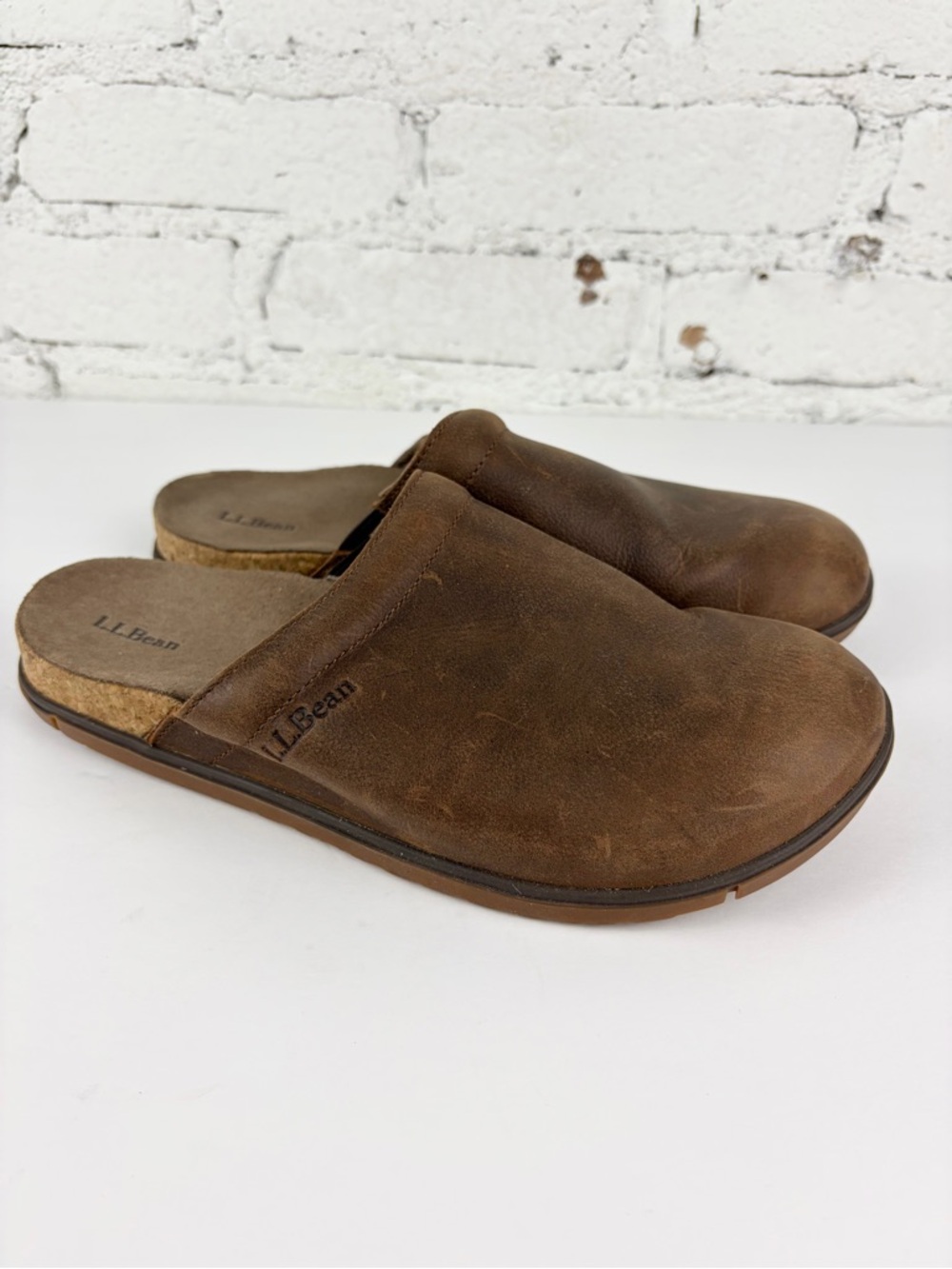 L.L Bean Go Anywhere Brown Leather Slip On Cork Mule Clog Slipper 8